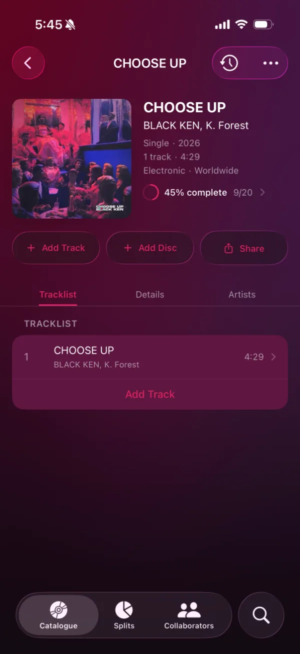 A release open to its tracklist, with artwork, credits, duration, and a completeness meter at 45 percent.