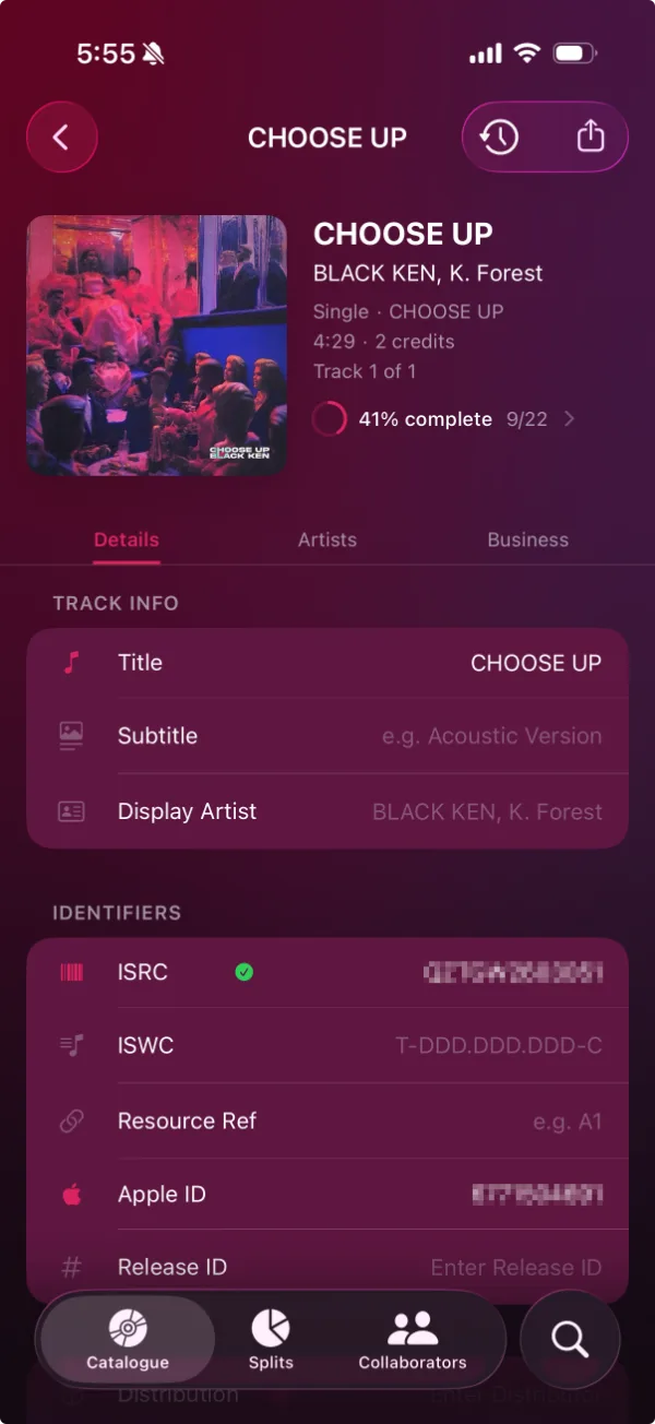 A track's details, listing title and display artist above identifiers including a verified ISRC.