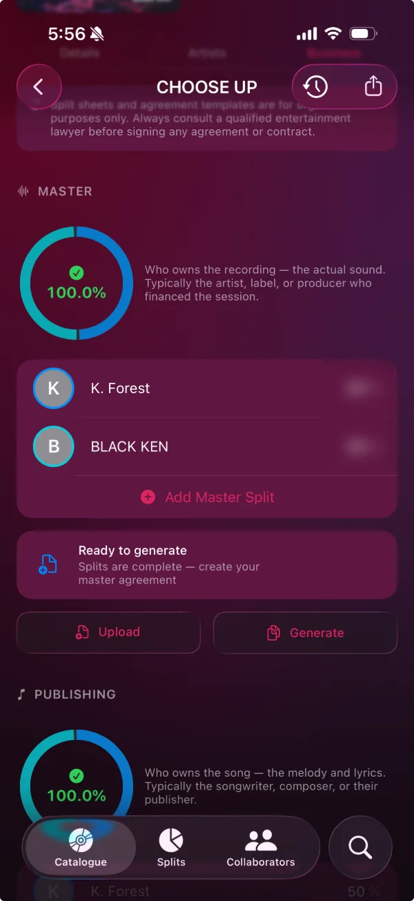 The splits screen, with master ownership complete at 100 percent split evenly between two artists, ready to generate an agreement.