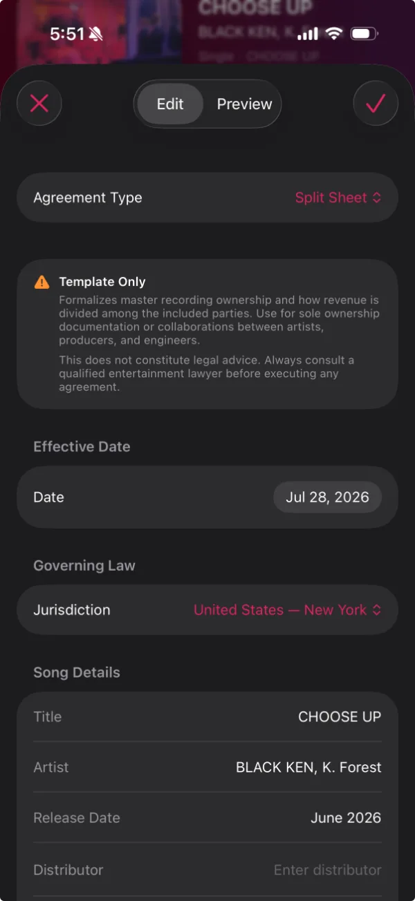 The agreement editor set to a split sheet, showing a template-only notice, effective date, governing law, and song details.