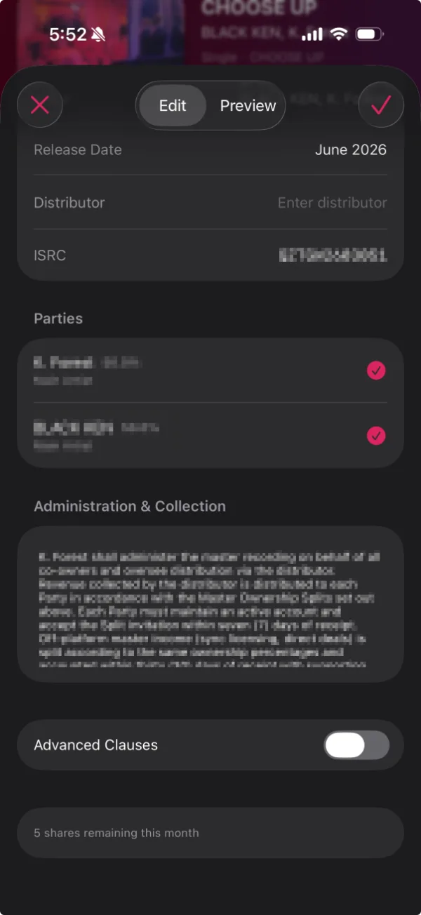 The agreement editor scrolled to the parties, each confirmed with a checkmark, above the administration and collection terms.