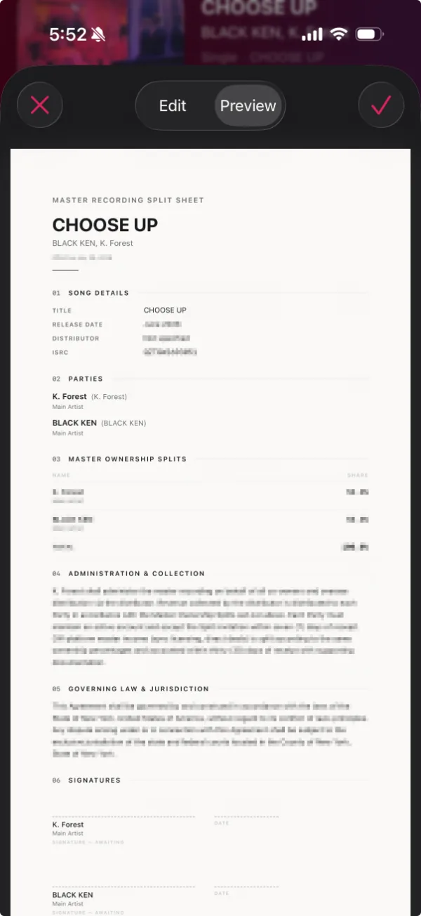 The generated split sheet previewed as a document, with numbered sections for song details, parties, splits, and terms above two unsigned signature blocks.